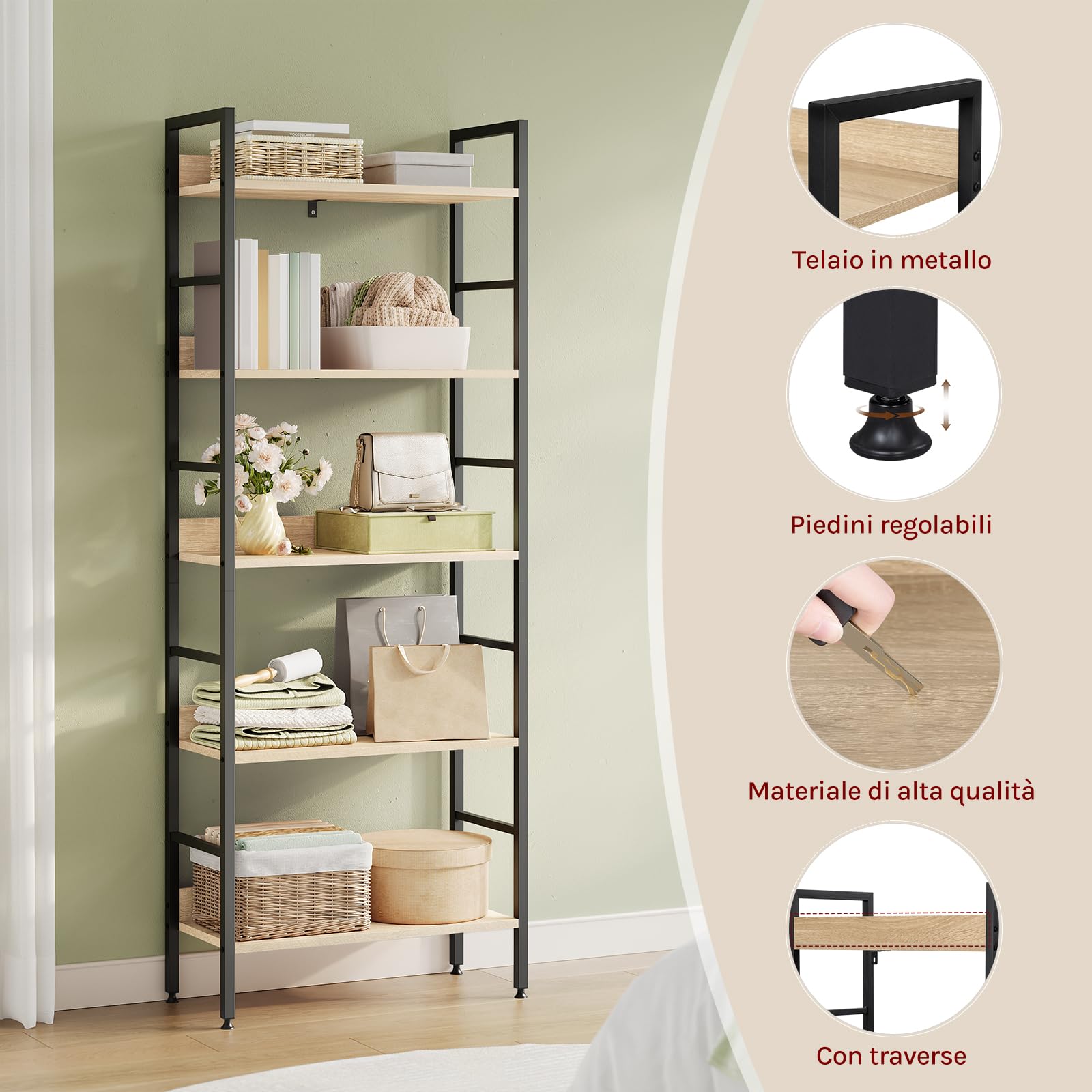 WOLTU Libreria Scaffale a 5 Livelli, Libreria Verticale Struttura in Metallo per Soggiorno/Camera da Letto/Studio, 60x27,5x160cm, Bianco + Rovere chiaro
