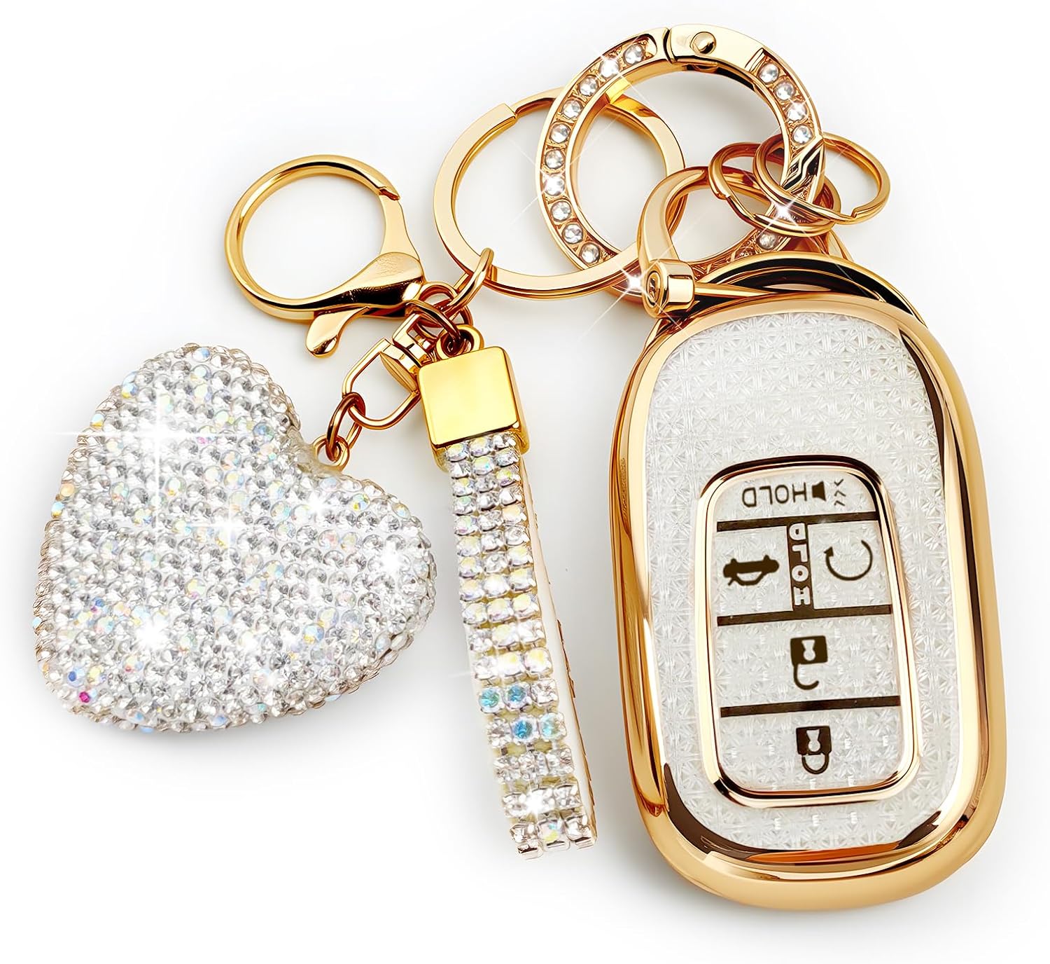 Key Fob Cover with Diamond Bling Keychain, Compatible with Honda 2022 2023 2024 2025 2026, TPU Smart Key Case and Rhinestone Heart for Women (Silver)