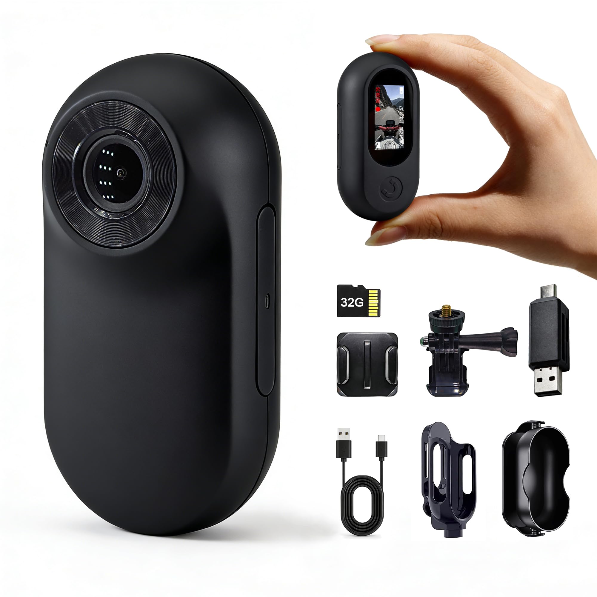 Mini Camara Deportiva, Action CAM con Clip Magnético, 32GB Camara Moto, 1" Pantalla Camara Accion, Cámara para Moto y Mascotas(Negro)