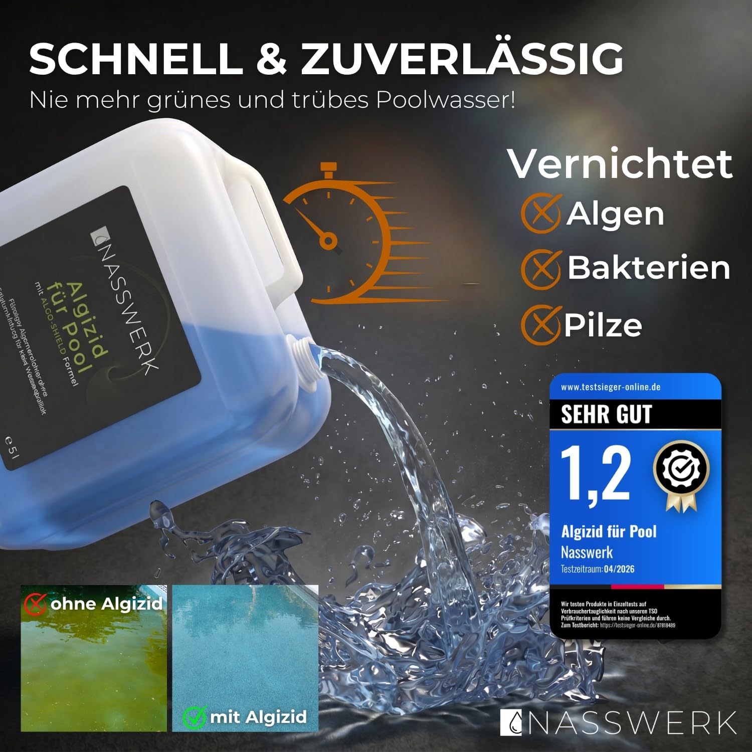 NASSWERK® Algizid für Pool flüssig 5L | Algenvernichter Pool um grünes Poolwasser klar bekommen | Poolklar Anti Algenmittel für Whirlpool | Pool Algenvernichter mit Klareffekt Algezid Algenverhüter