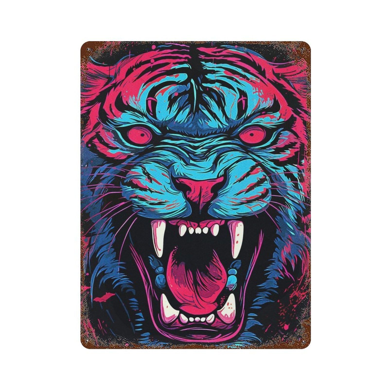 Vintage Metal Tin Sign Neon Vintage Tiger 15.7"x11.8", Industrial Home Decor for Farmhouse, Kitchen And Entryway Decor
