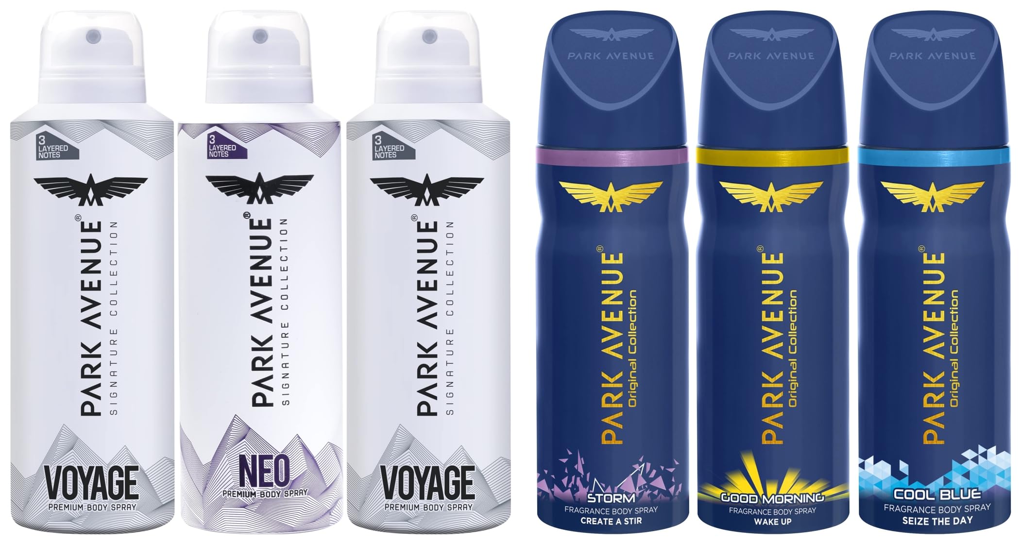 Park Avenue Classic Multiple Deodorant Spray Set For Men (Pack Of 3) And Signature Collection For Men, 2 Voyage + 1 Neo (Pack Of 3) 348G/450Ml, 6 Count