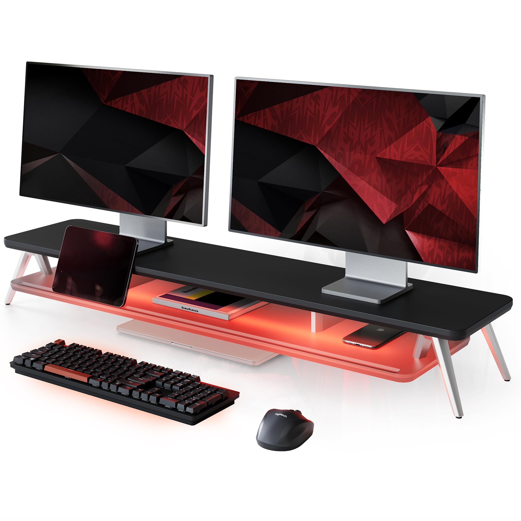 Fenge Supporto Monitor Scrivania, con Luci LED, Ripiano in Acrilico, 2 Livelli, Supporto per Telefono/Tablet/Penne, Carico 45KG (Nero)