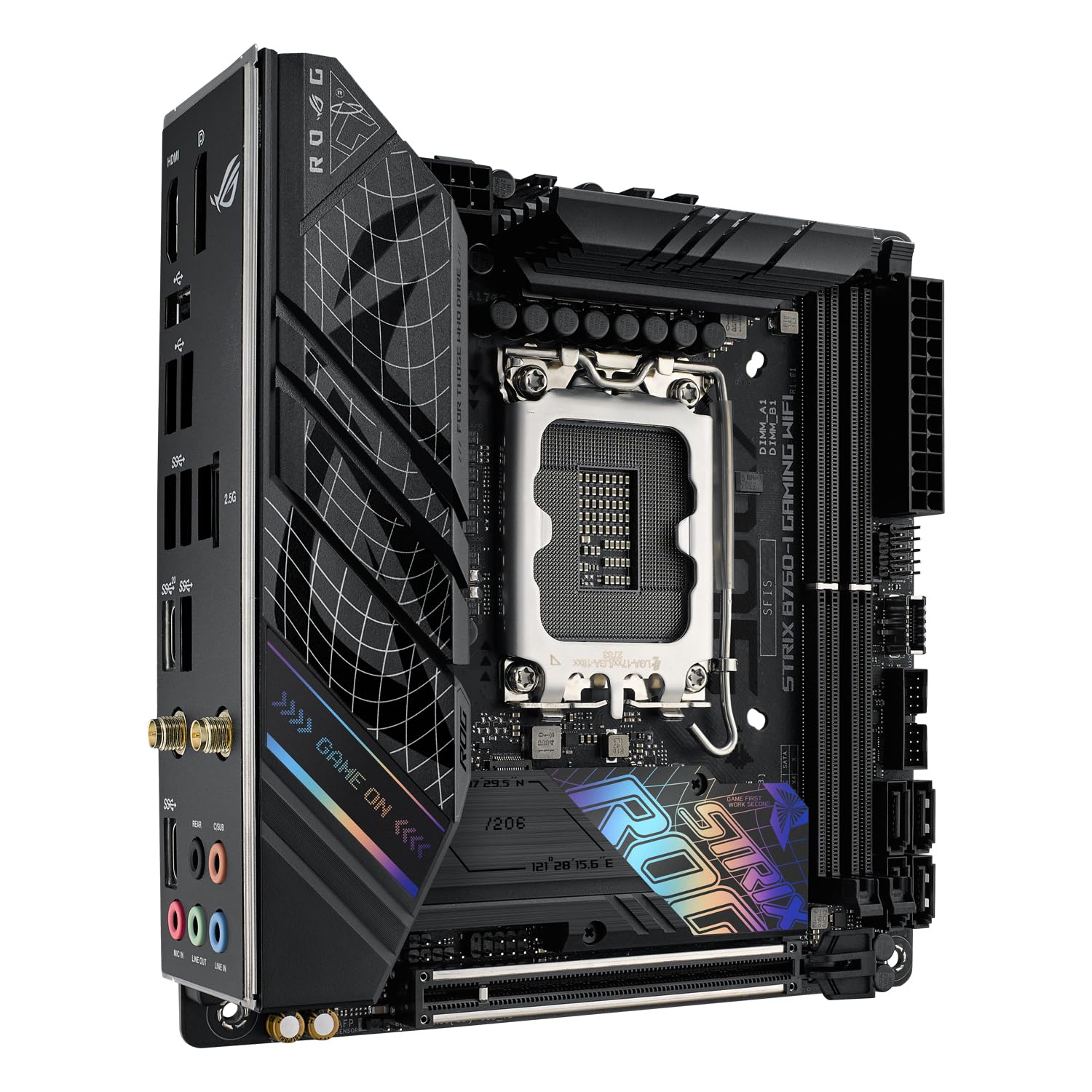 ASUS ROG Strix B760-I Gaming WiFi - Placa Base Intel B760 (LGA 1700 Mini ITX, 8+1 DrMOS, DDR5 hasta 7600 MT/s, PCIe 5.0, Dos Ranuras M.2, WiFi 6E, USB 3.2 Gen 2x2 Type-C y Aura Sync RGB), Negro — view 8