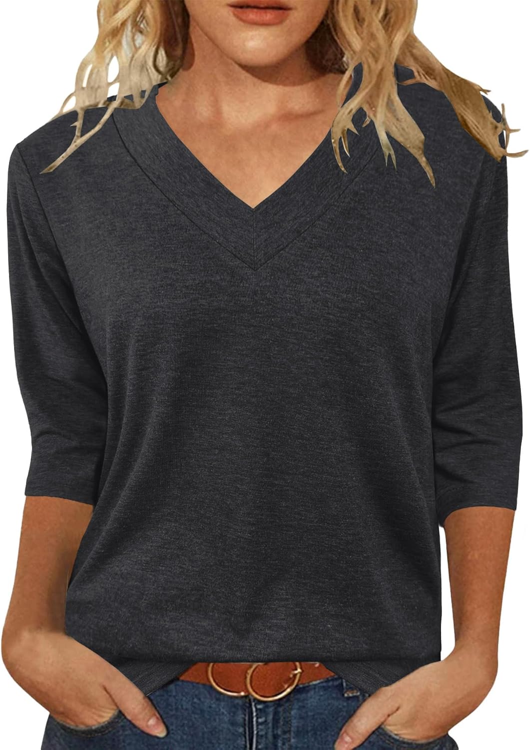 JomeDesign Womens Tops 3/4 Length Sleeve Summer V Neck Shirts Casual Tunic Tops 2025