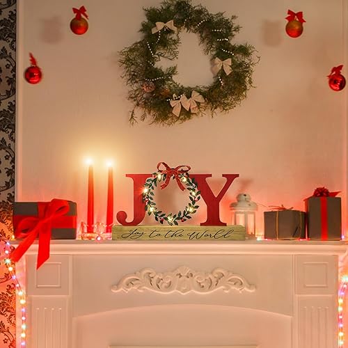 Miniatura 2 de Decoraciones navideñas para el hogar con luz LED, letrero de alegría con temporizador, corona de arpillera, letrero decorativo rústico de madera