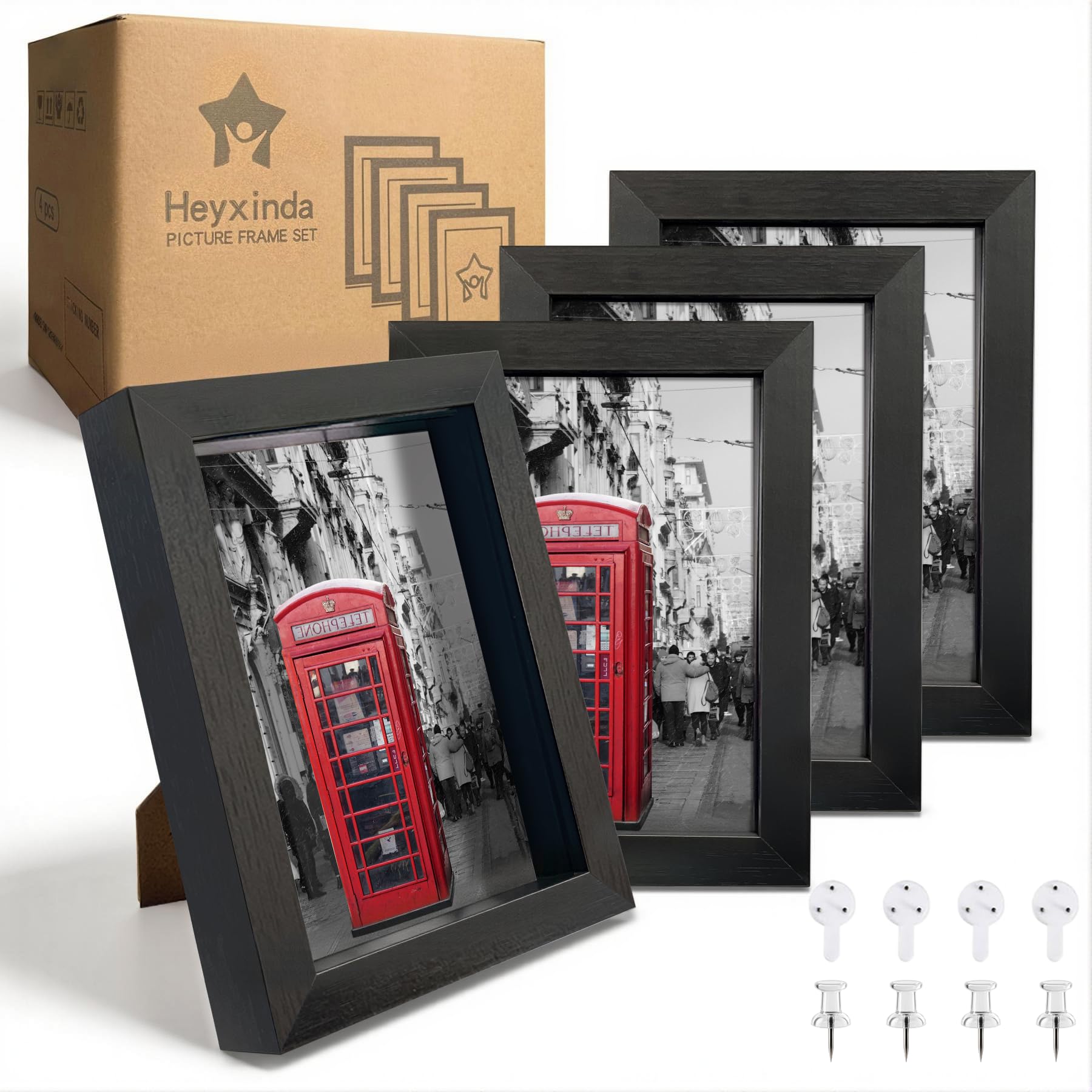 Heyxinda 5x7 Shadow Box Picture Frames Set of 4, Black Shadow Box Frame with Linen Board, Wood Display Case with Plexiglass Cover, Ideal for Memorabilia Photos Flowers Medals