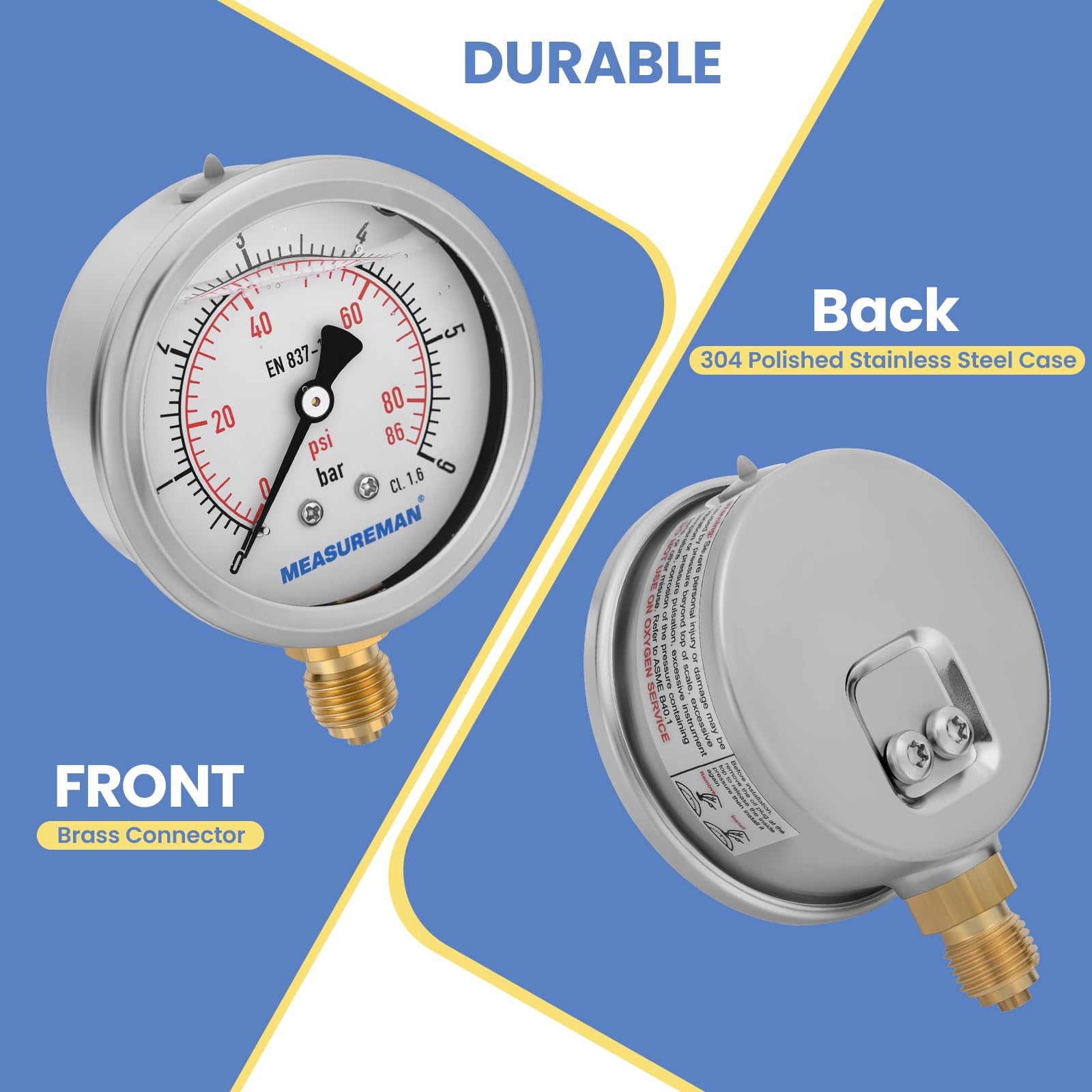 Manomètre, Manomètre Glycérine 2,5 pouces, 0-6 bar, boîtier en acier inoxydable 304, raccord inférieur 1/4" BSP