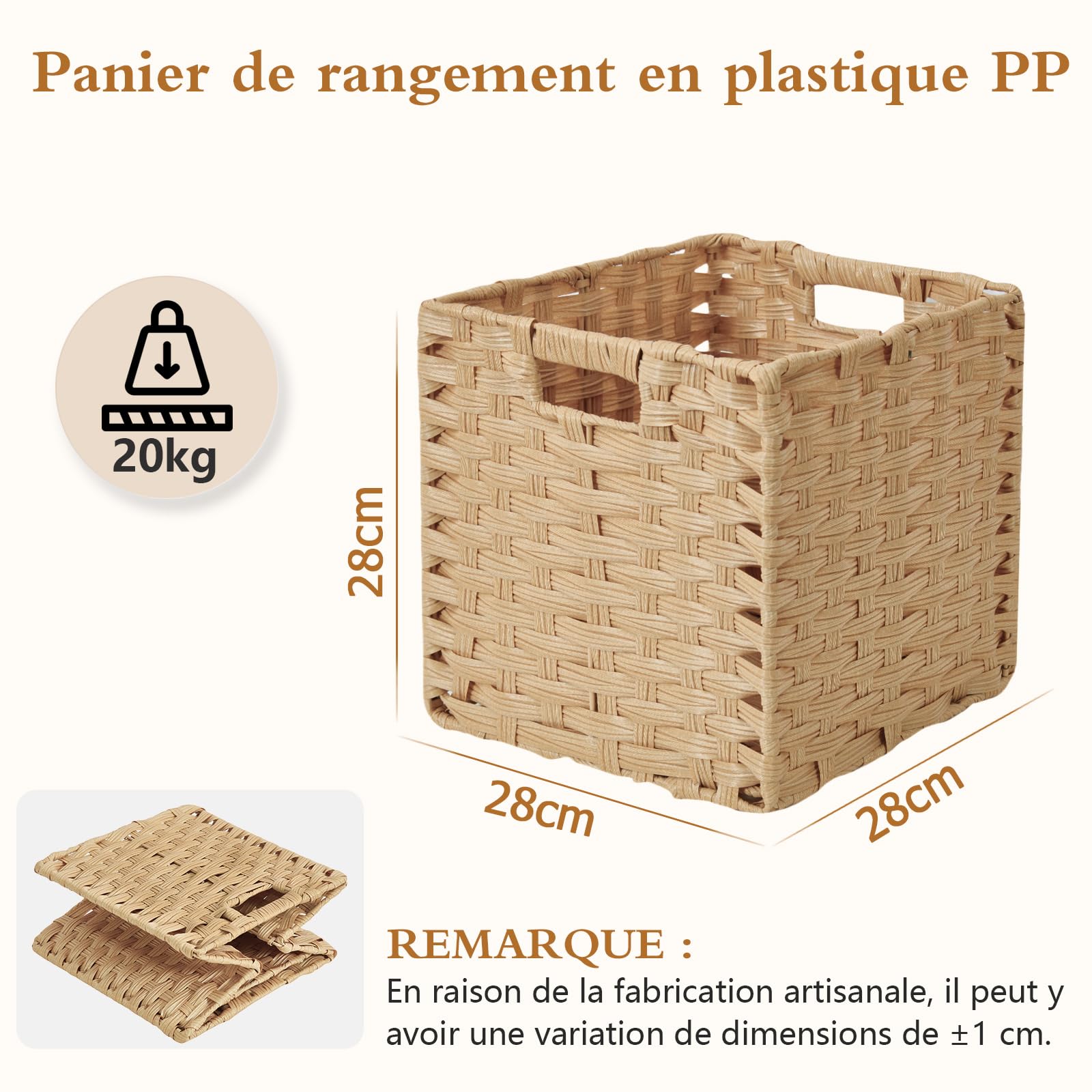 Sagittar Lot de 4 paniers pliables tressés en imitation rotin - 28 x 28 x 28 cm - Pour garde-manger, armoire, panier d'étagère cubique - Imperméables - Ne moisissent pas - Couleur naturelle