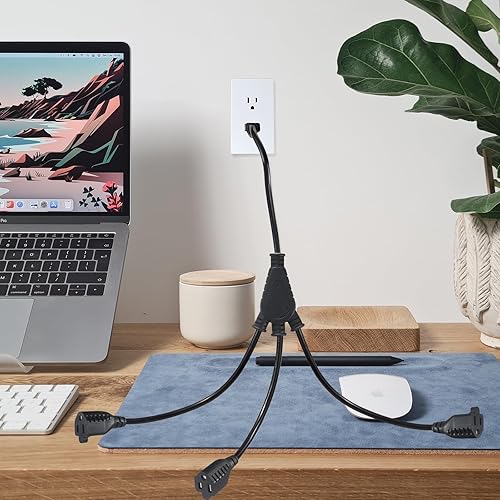 Miniatura 3 de KUNCAN Cable de extensión divisor de 3 vías, divisor de alimentación de 3 clavijas, 1 a 3 vías, 1 pie 18 AWG 10A/1250 W, NEMA 5-15P a 3 tomas NEMA