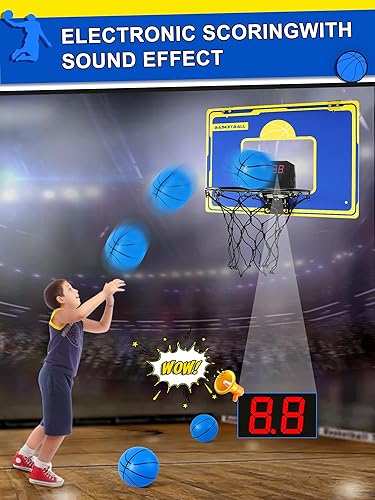 Miniatura 5 de INVISBLUE  Aro de baloncesto para interiores para niños, mini aro de baloncesto sobre la puerta con 3 bolas y marcador electrónico, juguetes de