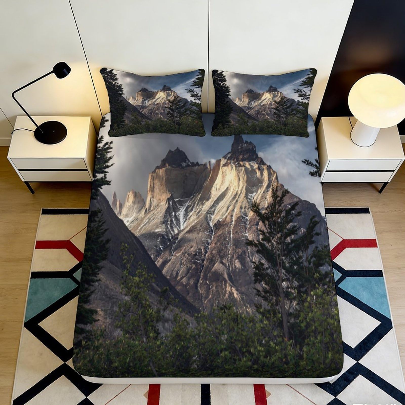 3D Printed Mountain Scenery Fitted Sheet Microfiber Deep Pocket Bedroom Bedding Mountain Mattress Fitted Cover Non-Slip Washable 140x200x25cm