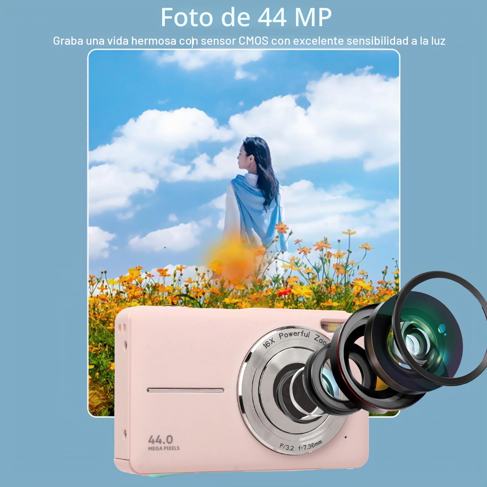 Cámara Digital de 44MP, 1080P HD 16X Zoom Digital Cámara de Vlogging con Enfoque Automático Cámara Digital de Bolsillo, Cámara de Video Inteligente HD para Fotografía Viajes (Pink)
