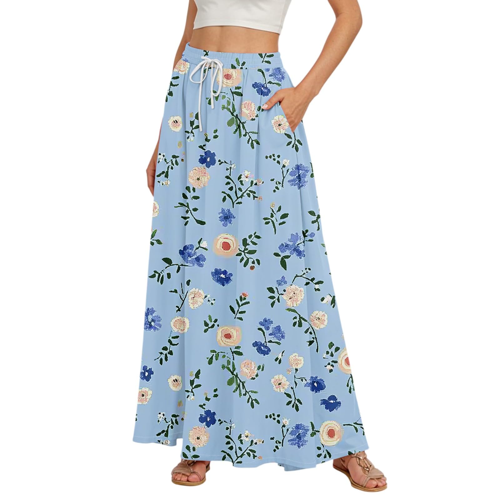Floral Skirts for Women Summer High Waisted Maxi Skirt Trendy Beach Travel Vacation Drawstring Flowy A Line Skirt