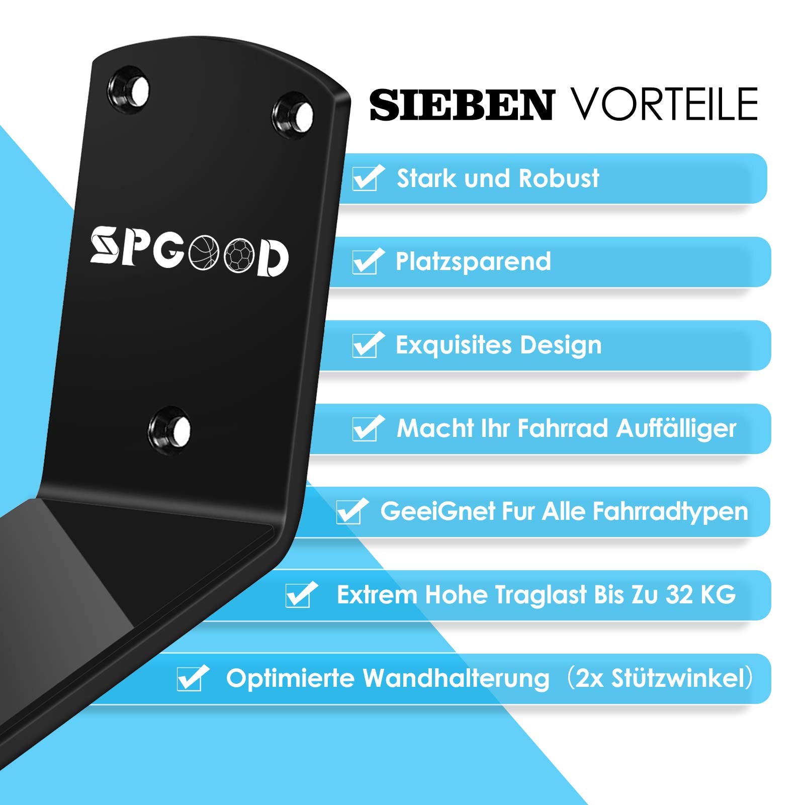 SPGOOD Support Mural Vélo 3 en 1, Charge 32 Kg pour Vélos Électrique(1PCS) | avec 2 Équerres, 2 Coussinets de Protection, Suspension Pédale pour VTT, Vélos Électriques Et Vélo de Course