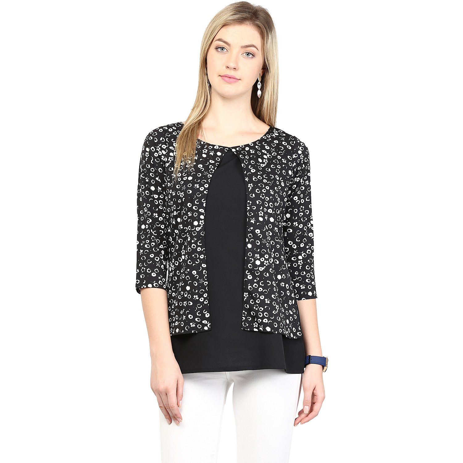 RAREBlack Crepe Polka Dots Round Neck Tops for Women (EP1004)