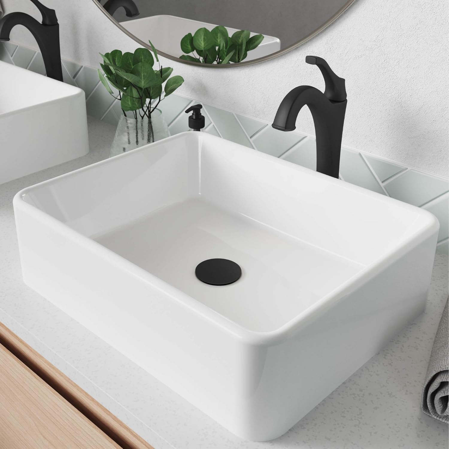 KRAUS Elavo 19-inch Modern Rectangular White Porcelain Ceramic Bathroom Vessel Sink and Matte Black Arlo Faucet Combo Set with Pop-Up Drain, C-KCV-121-1200MB