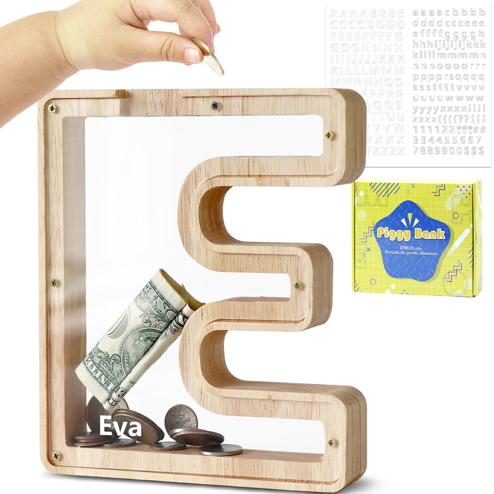 Dbpbtou Boys E Money Box For Kids Piggy Bank, Personalised Wooden Letter Money Box For Birthday Gift/Hom Decoration/Keepsak (E)