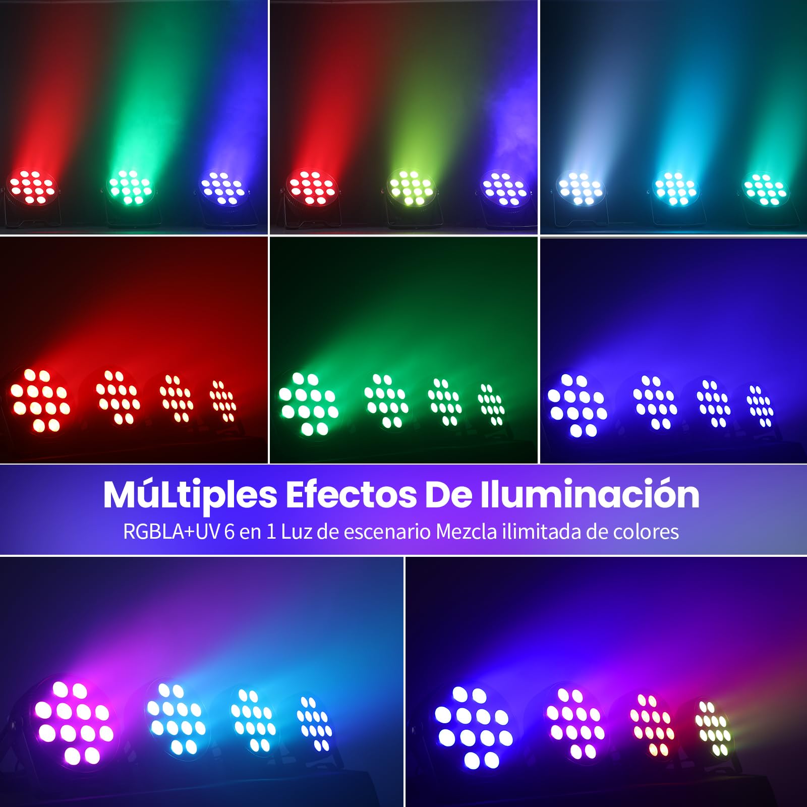 BETOPPER Focos Par LED 12x18W, Luces Escénicas RGB+Lima+Ámbar+UV 6-en-1 con Efecto Wash/Strobe, DMX512/Activación por Sonido, para DJ, Fiestas, Conciertos, Bares (4 Unid.)