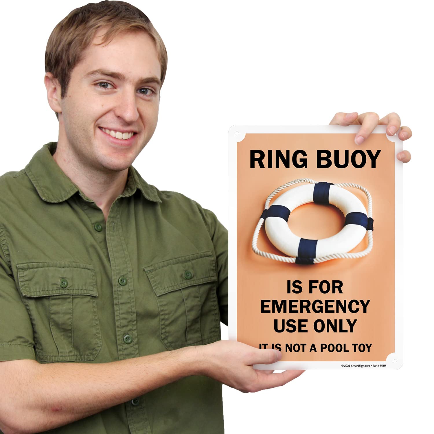 SmartSign Letrero de metal con texto en inglés "Ring Buoy For Emergency Use Only, Not A Pool Toy" de 35,5 x 25,4 cm, serigrafiado, aluminio laminado inoxidable de 40 mil, marrón, negro y blanco