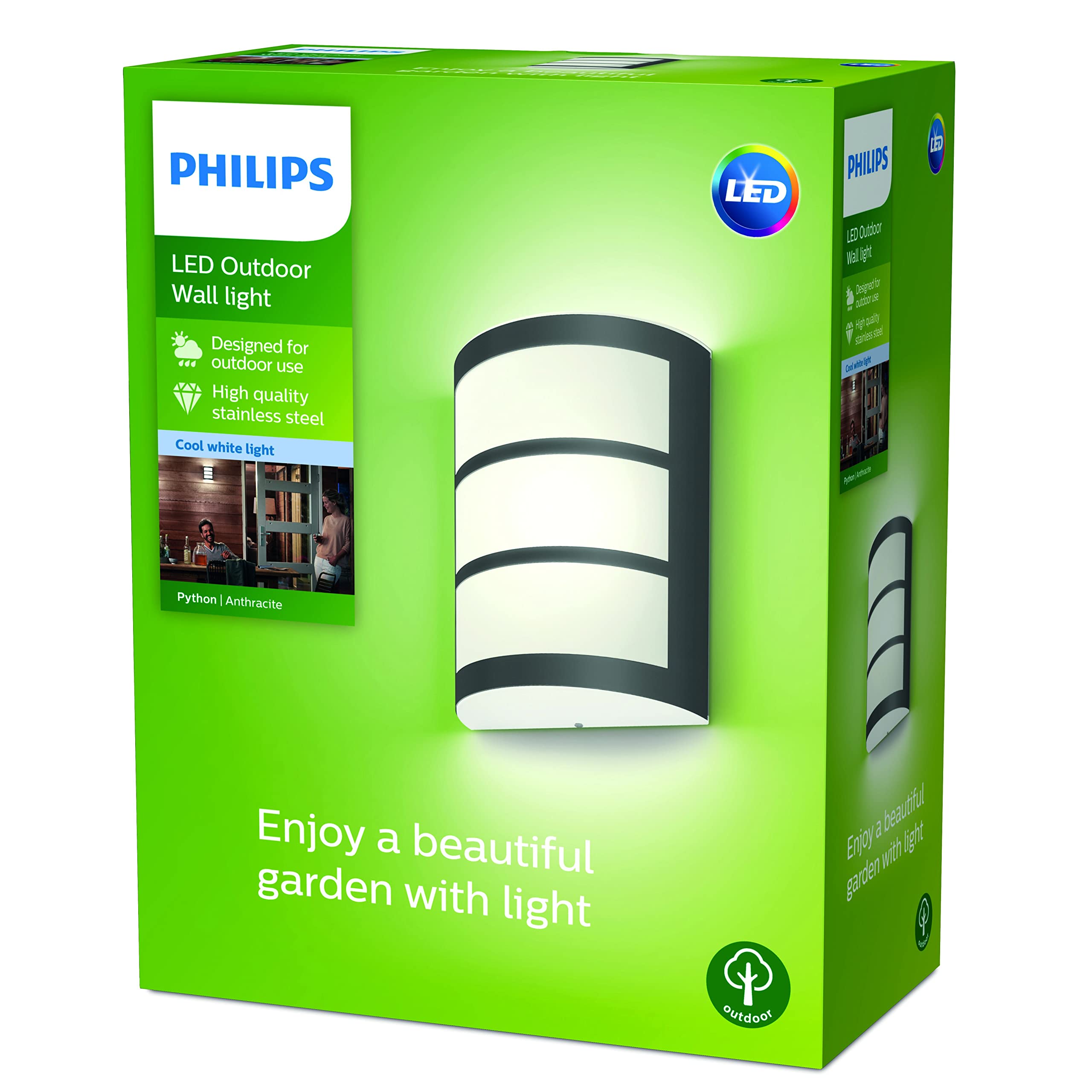 Philips myGarden Python Applique murale d'extérieur LED, 6 W, lumière blanche froide 4000 K, 600 lm, classe de protection IP44, ampoule intégrée, anthracite