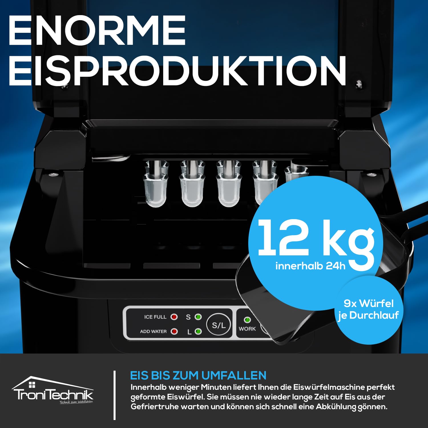 Tronitechnik® Eiswürfelmaschine Eiswürfelbereiter, Ice Maker, 12kg/24h, 2,2 Liter Wassertank, 2 Größen, Selbstreinigung, schwarz, einfache Bedienung