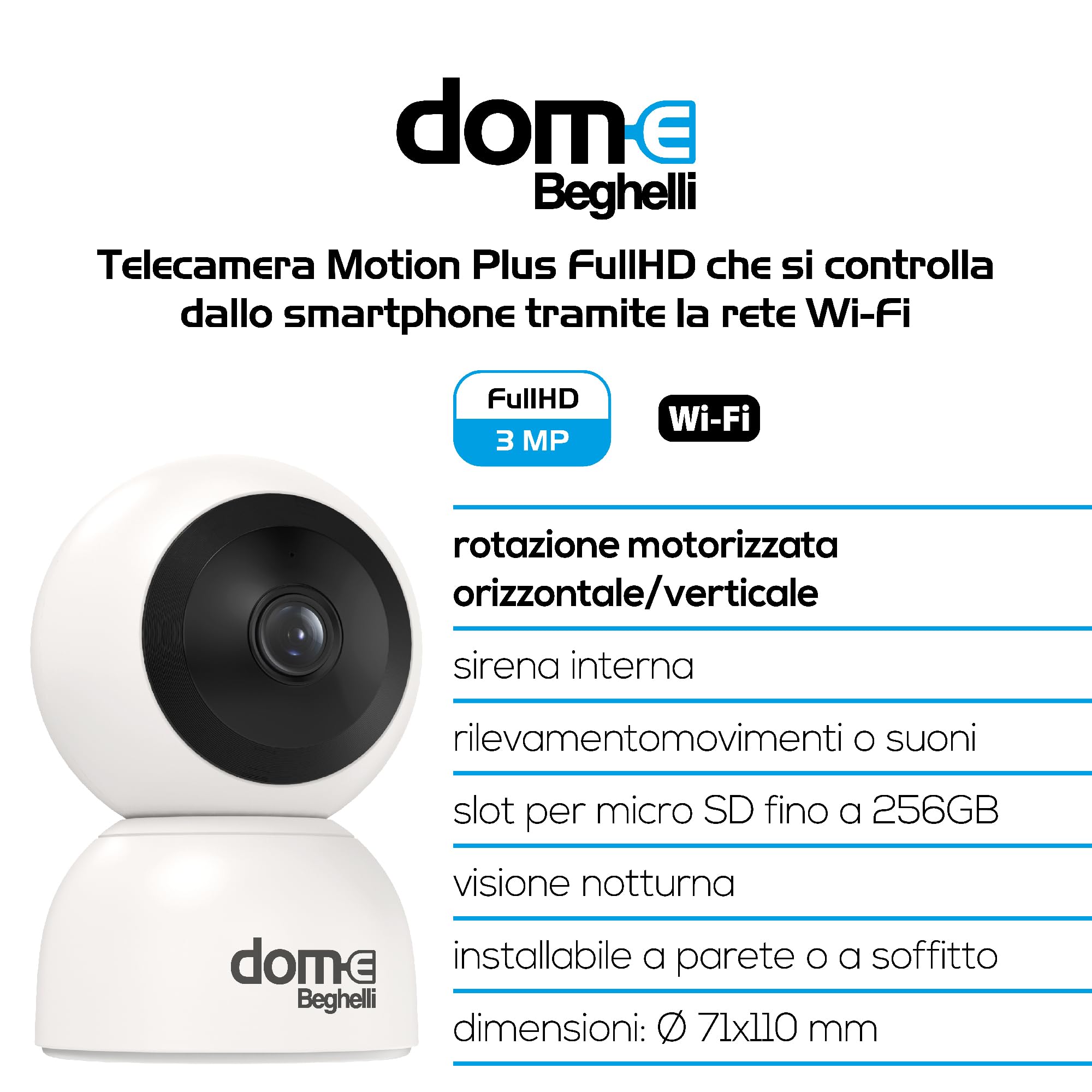 Beghelli Videocamera di Sorveglianza Dom-e Motion Plus Orientabile da App Full HD - Controllo Smartphone, Wi-Fi, Led Infrarossi, Rotazione Motorizzata, Visione Notturna fino a 10 Metri (Colore Bianco)
