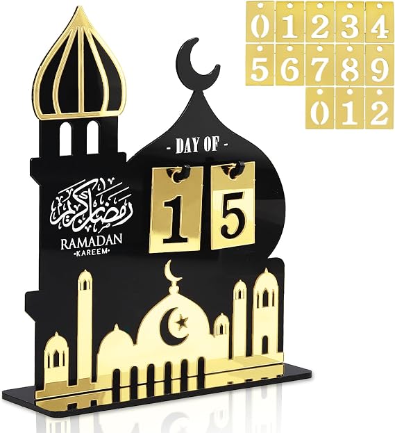 Ramadan Advent Calendar Set - Acrylic and Wooden Ramadan Decorations for Home Eid Mubarak Table Decor, 30 Days Countdown Calendar for Muslim Festivities and Ramadan Party Supplies Style H