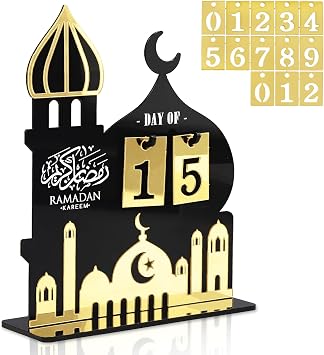 Ramadan Advent Calendar Set - Acrylic and Wooden Ramadan Decorations for Home Eid Mubarak Table Decor, 30 Days Countdown Calendar for Muslim Festivities and Ramadan Party Supplies Style H