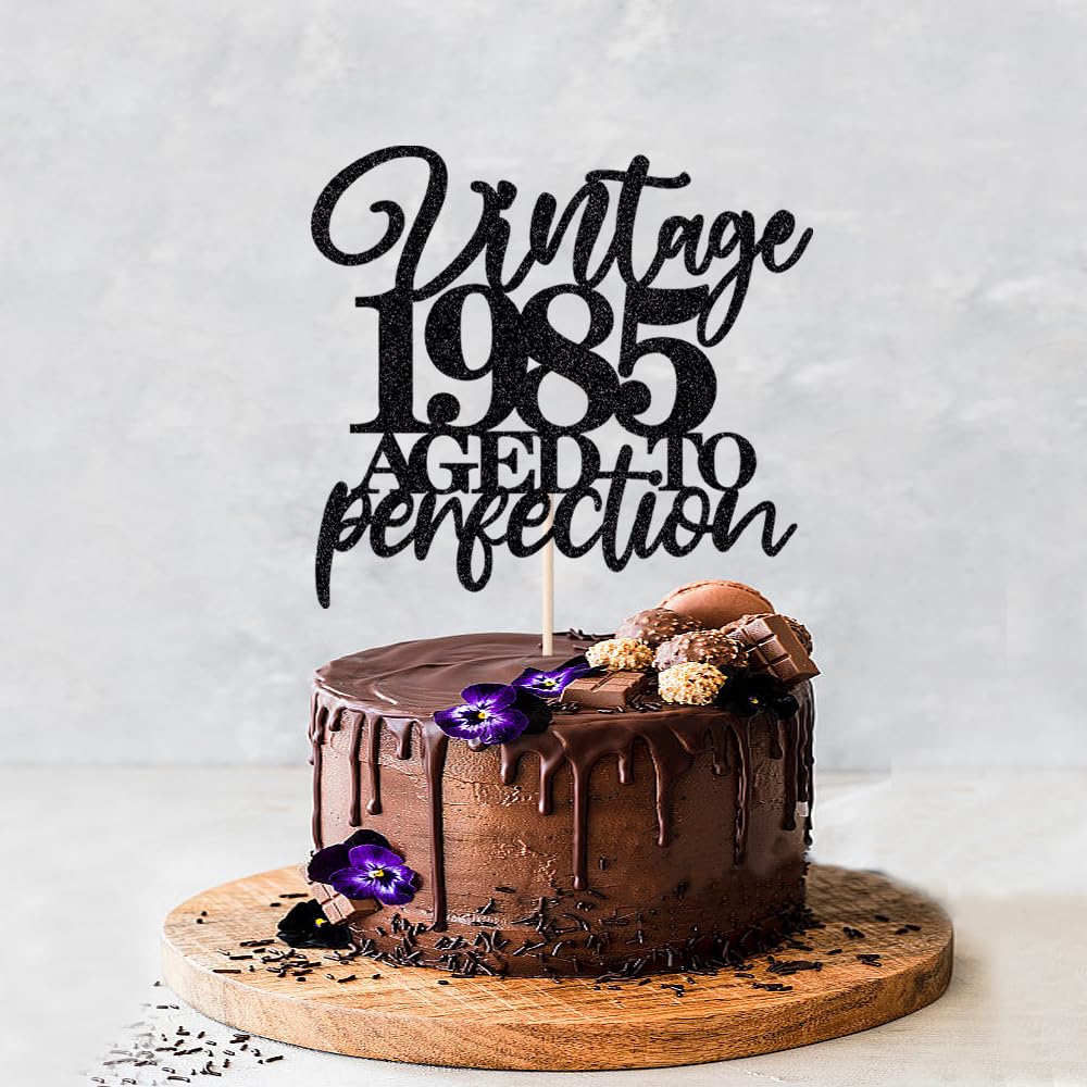 Tortenaufsatz „Aged To Perfection“ – Vintage 1985 Design Zum 40. Geburtstag Mit Schwarzem Glitzer