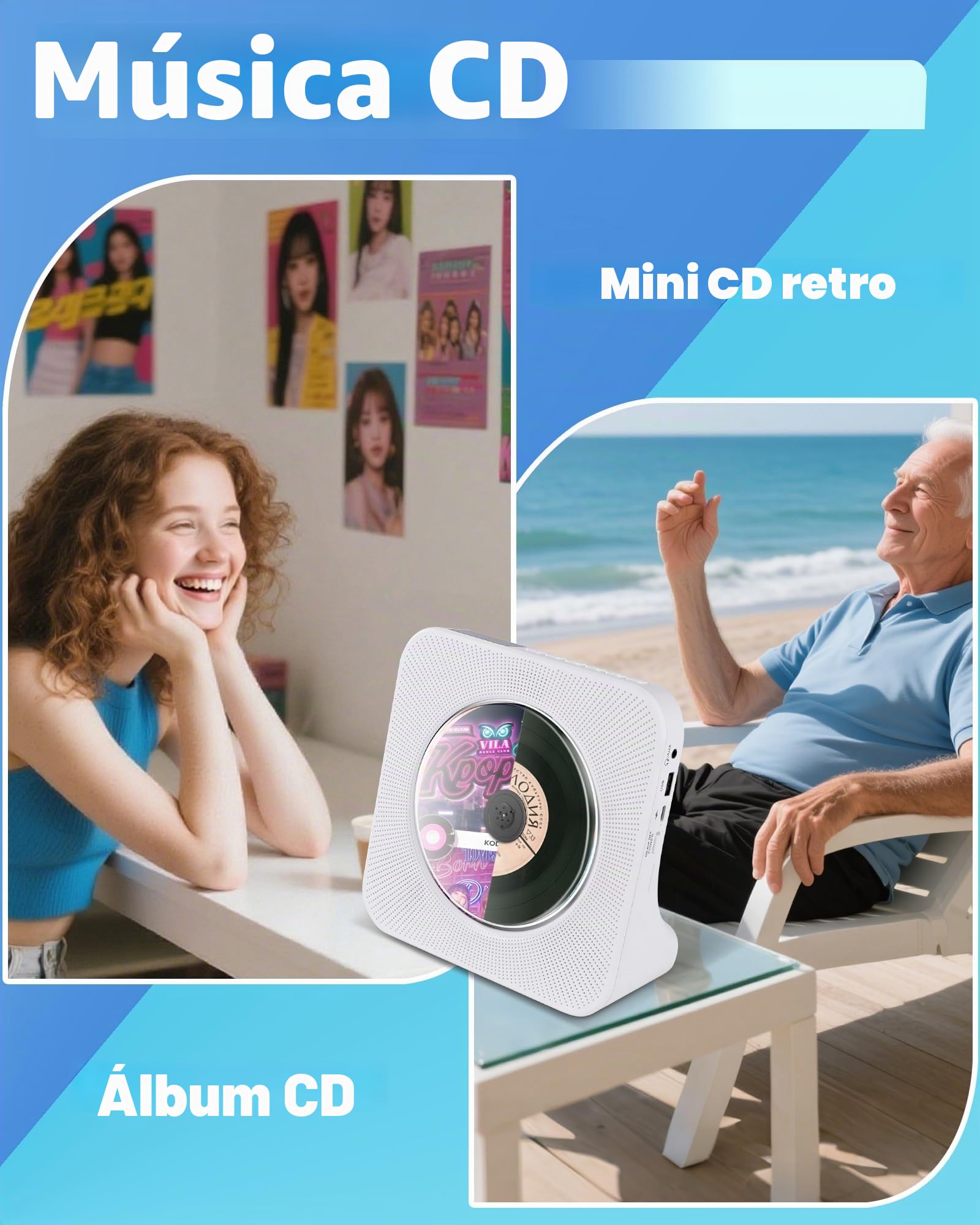 Bluetooth Reproductor de CD Recargable portátil 4000mAh | Reproductor de CD estéreo con Entrada USB, AUX, radio FM, control remoto, tapa de polvo, pantalla led