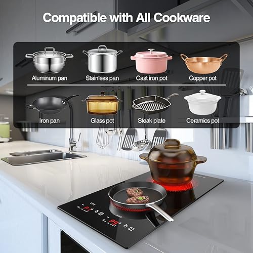 Miniatura 5 de Cocina eléctrica doble, estufa eléctrica de 110 V 2100 W, 9 niveles de potencia, bloqueo y temporizador para niños, indicador de superficie