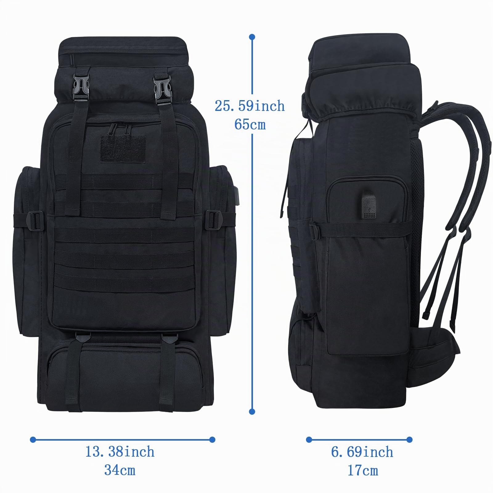 80L campeggio Trekking zaino, Zaino tattico militare, grande zaino da trekking, resistente all'acqua Trekking zainetto, borse sportive regolabili (nero)