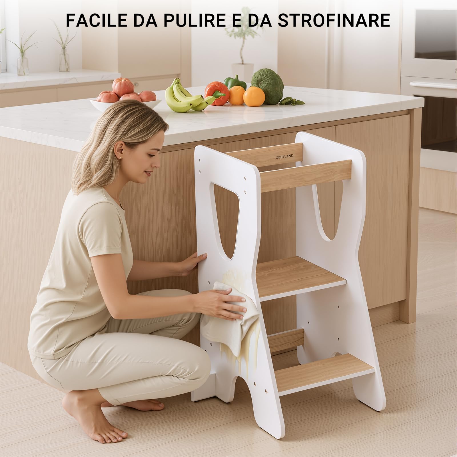 COSYLAND Torre Montessoriana Bambini Legno Naturale 3 Altezze Regolabili Bianco e Naturale