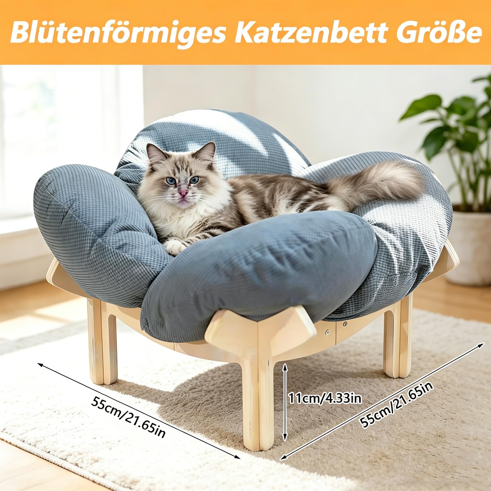W&H Erhöhtes Katzenbett in Blumenform, 55 cm Großes Katzenkorb mit Kissen und Holzrahmen, Weiche Katzenkissen für Alle Katzen und Kleine Hunde, Grau