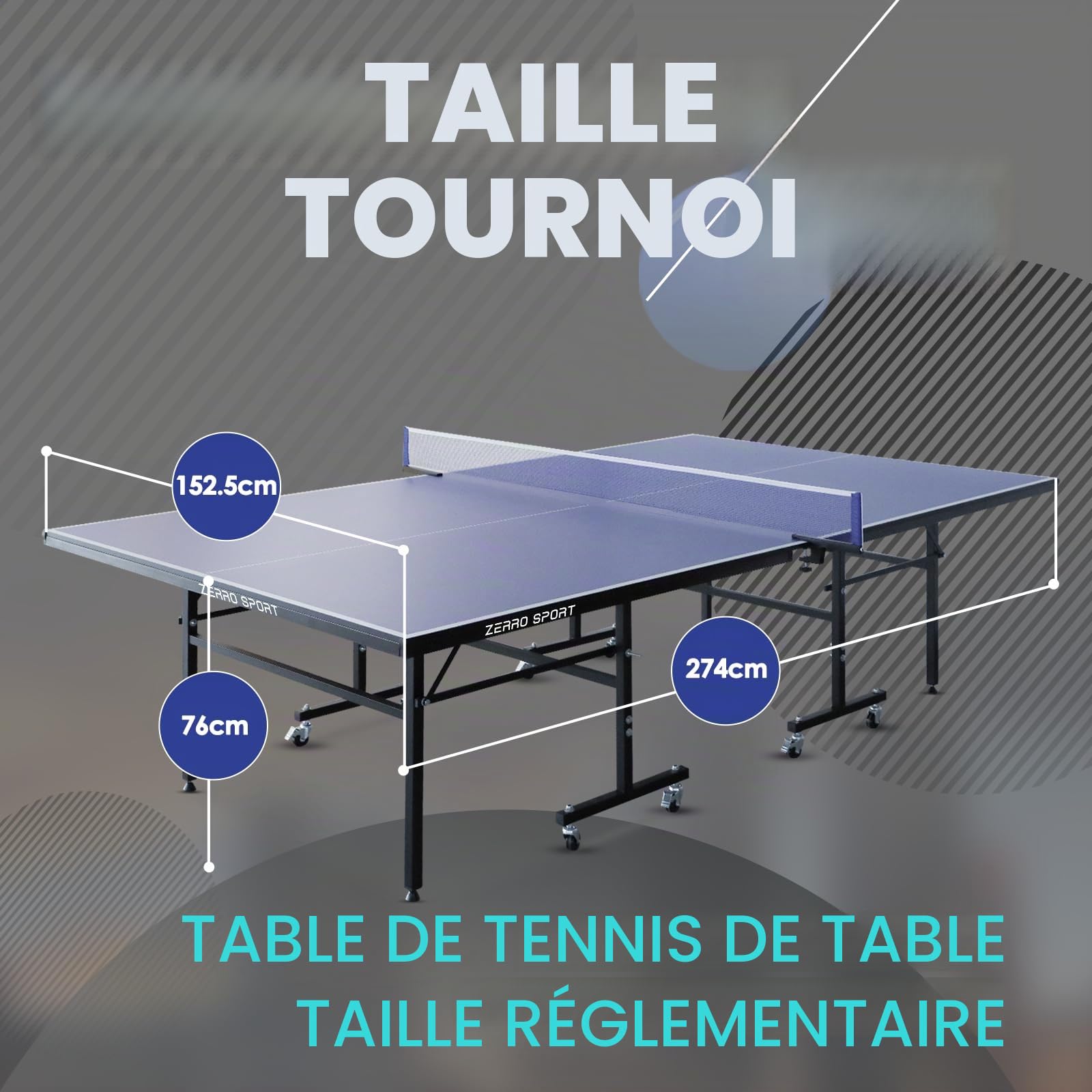 ZERRO Table de Ping Pong Pliable Intérieur, MDF 15 mm, 274x152,5x76 cm, Taille Standard Internationale avec Filet, Tables de Tennis de Table, Noir/Bleu