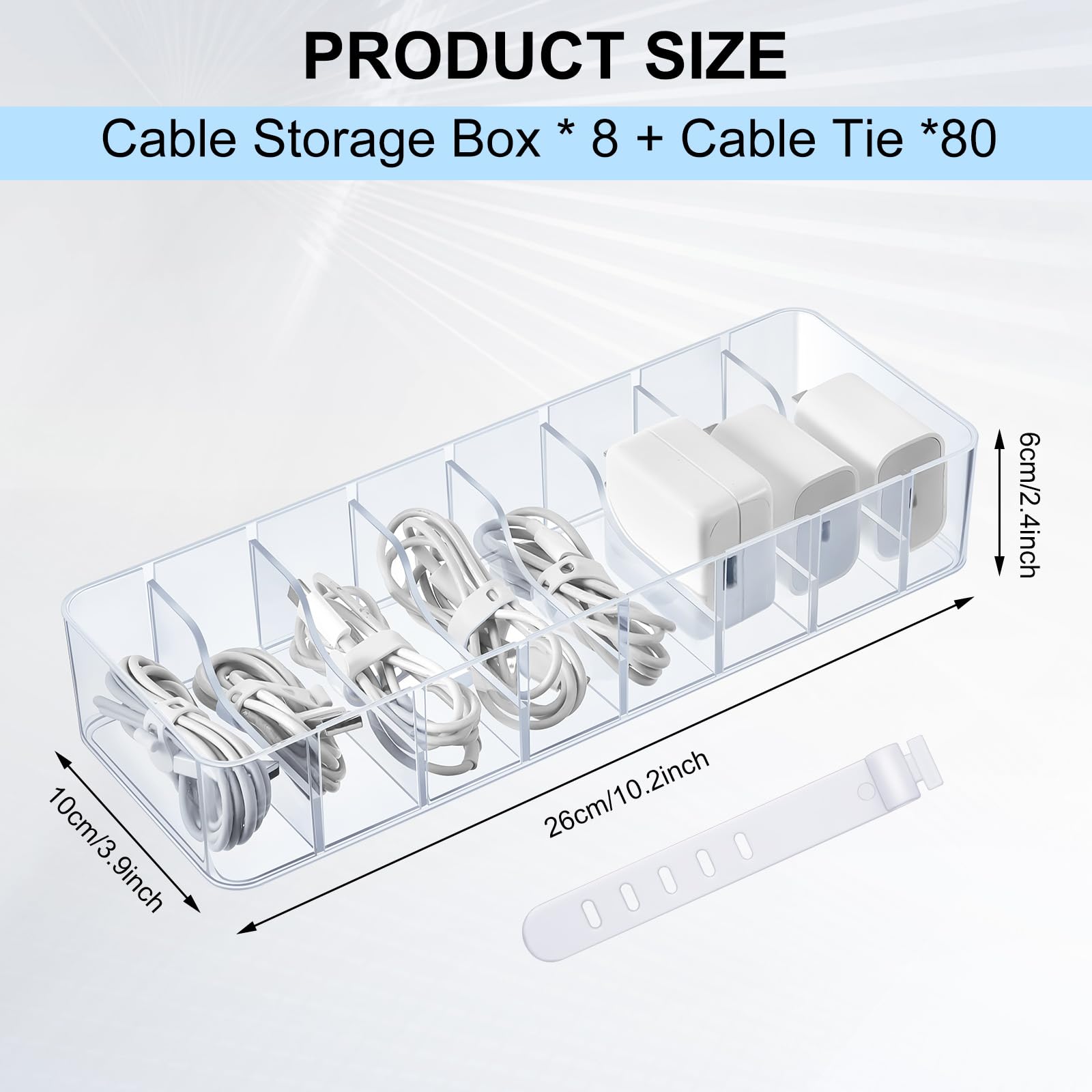 Tatuo Kabel-Organizer mit 80 Kabelbindern, Kunststoff-Kabel-Aufbewahrungsbox, Elektronik-Organizer mit verstellbaren Fächern, Kabelaufbewahrung für Schublade, Heimbüro, Schreibtischzubehör