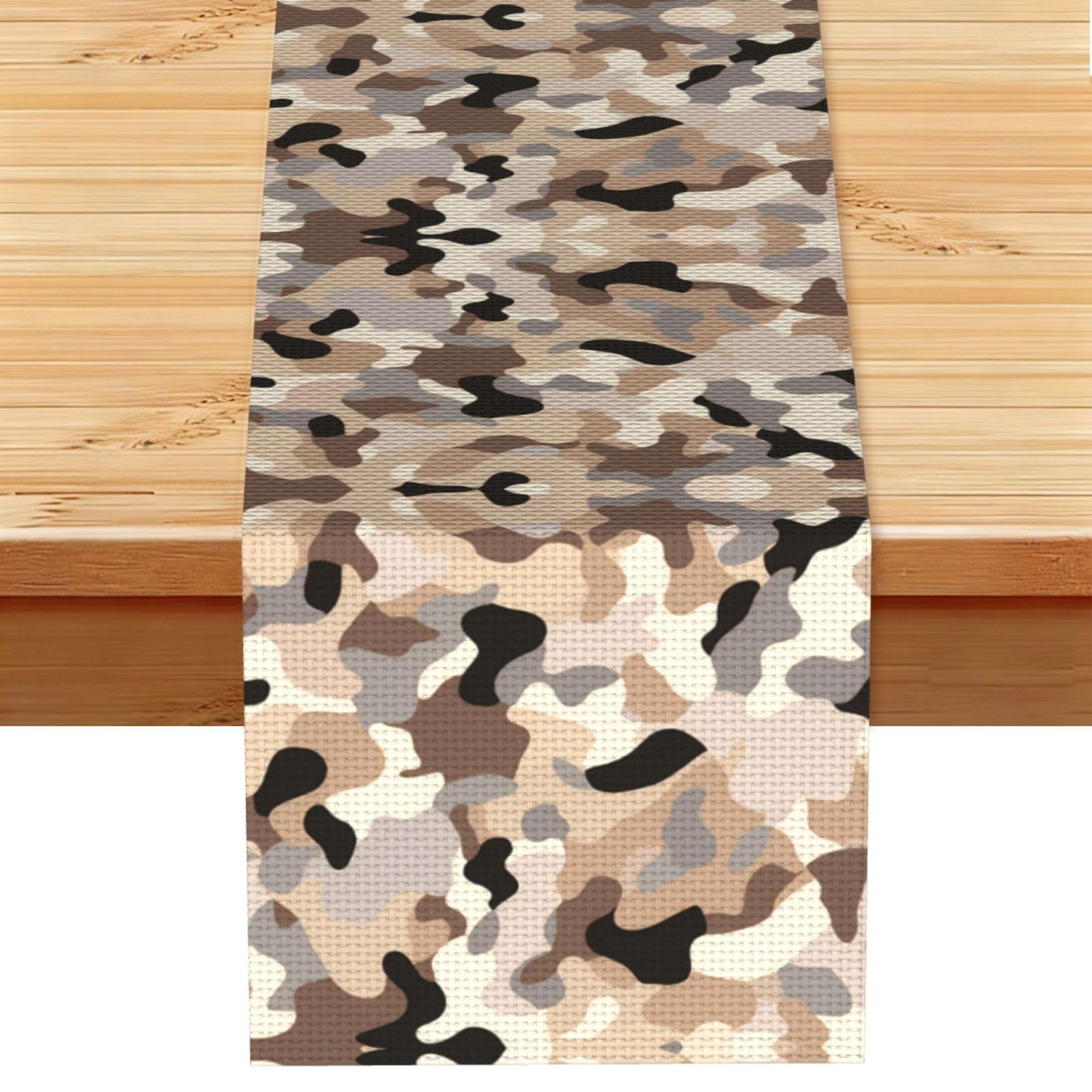 Earthy Beige Grey Camo Printed Table Runner 13 x 72, Wrinkle Resistant Decor for Dining Table Coffee Table Fireplace