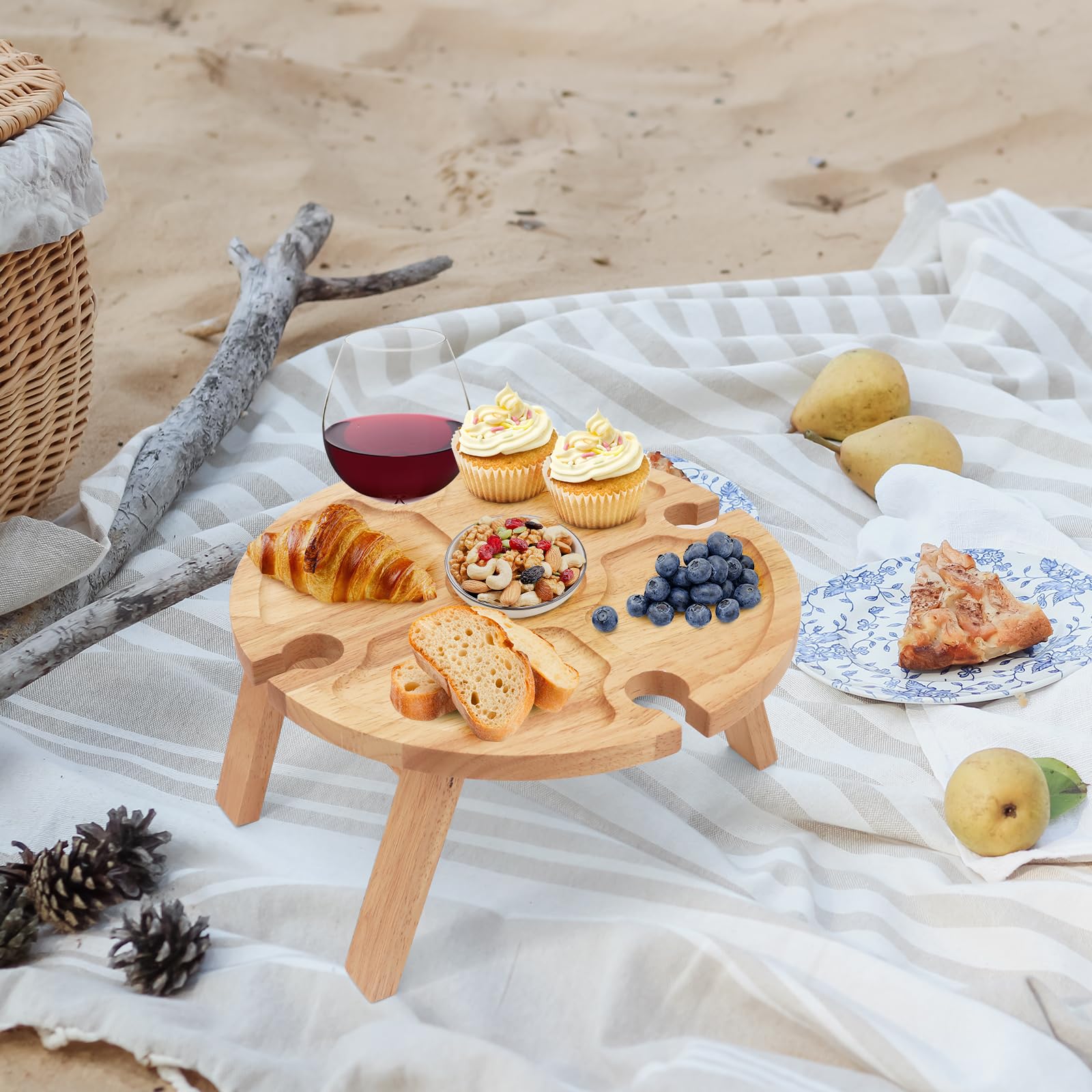 Mesa de picnic plegable de madera, mesa de picnic plegable con soporte para copas de vino tinto, mesa de vino al aire libre, mesa de pícnic, mesa de playa pequeña para jardín, viajes, camping,