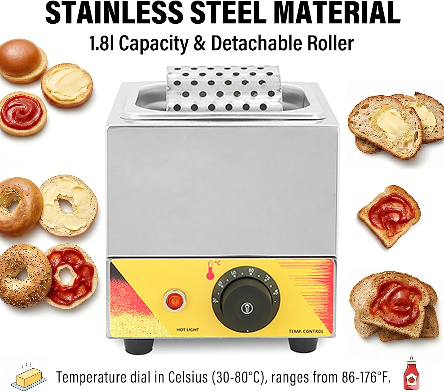 Electric Butter Spreader Roller — Stainless Steel Commercial Melting Warmer, 86-176°F (30-80°C) Adjustable Temp, Fast & Even Coating for Buns & Burgers