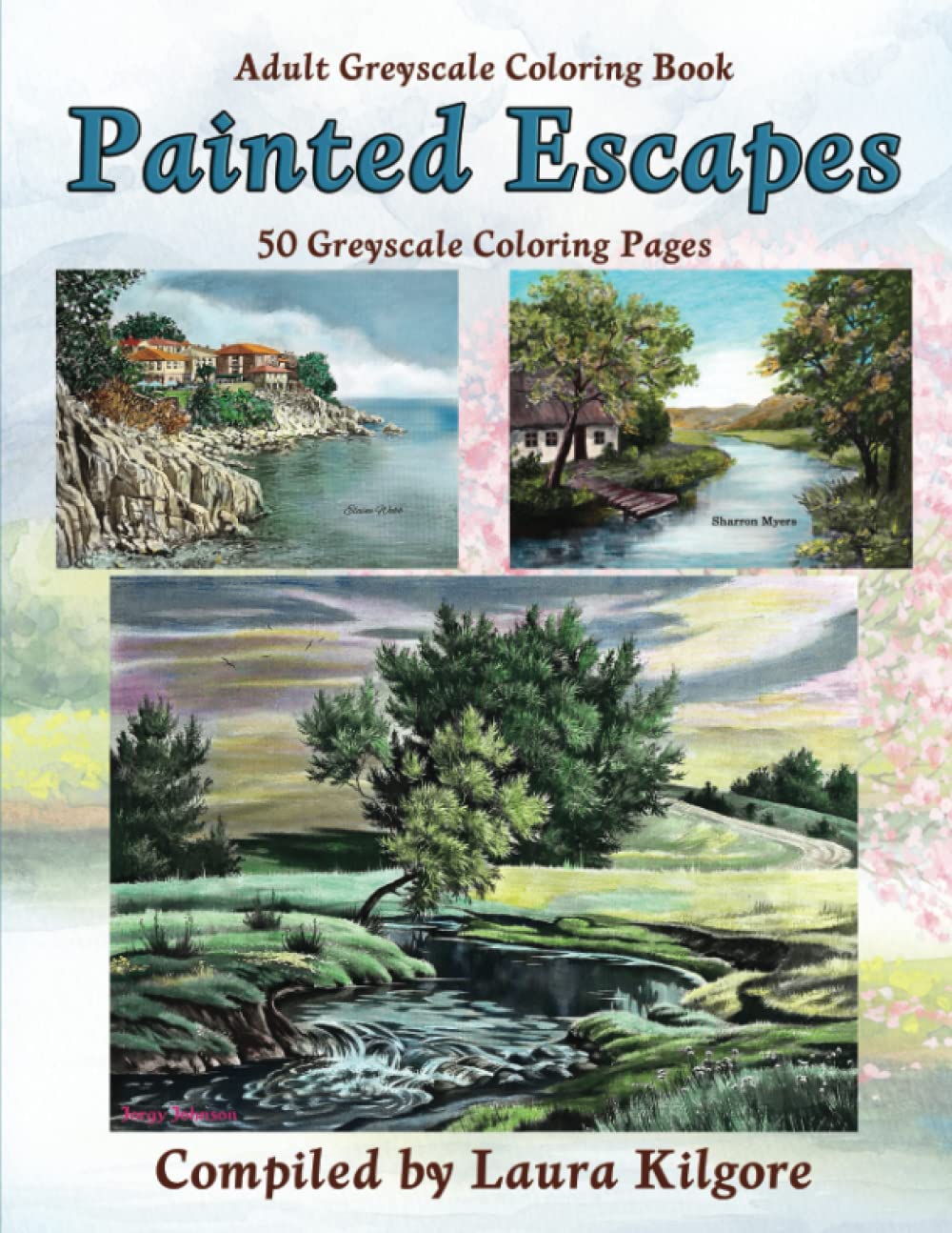 Painted Escapes: Adult Greyscale Coloring Book with painted landscapes being the theme for this book. There are 50 beautiful painted images in watercolor, oil paintings, and so much more.