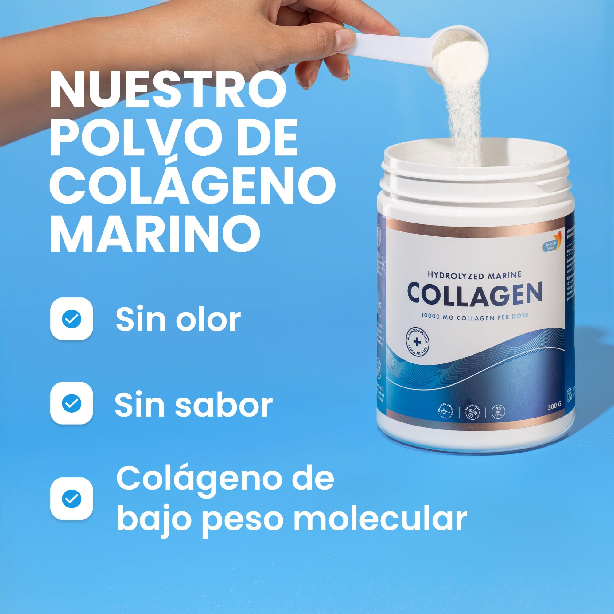 Swedish Nutra - Suplemento polvo colágeno marino hidrolizado 10 000 mg - 2 x 300 g (600 g total) suministro 60 días Péptido puro cabello piel uñas articulaciones Sin saborizantes Sin azúcar
