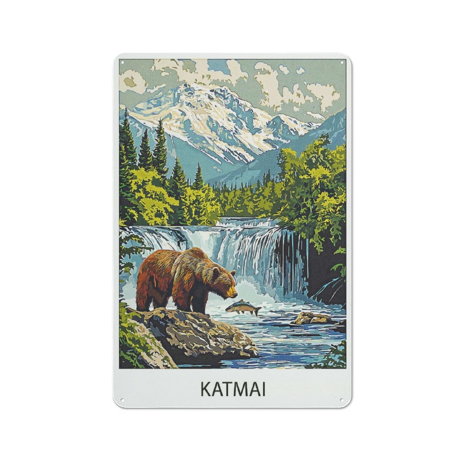 Junmoney Style-4 Vintage Metal Plaque 30X20cm Featuring Katmai Bear & Waterfall, Diner Style Decor For Restaurant, Kitchen, Counter Or Breakfast Nook