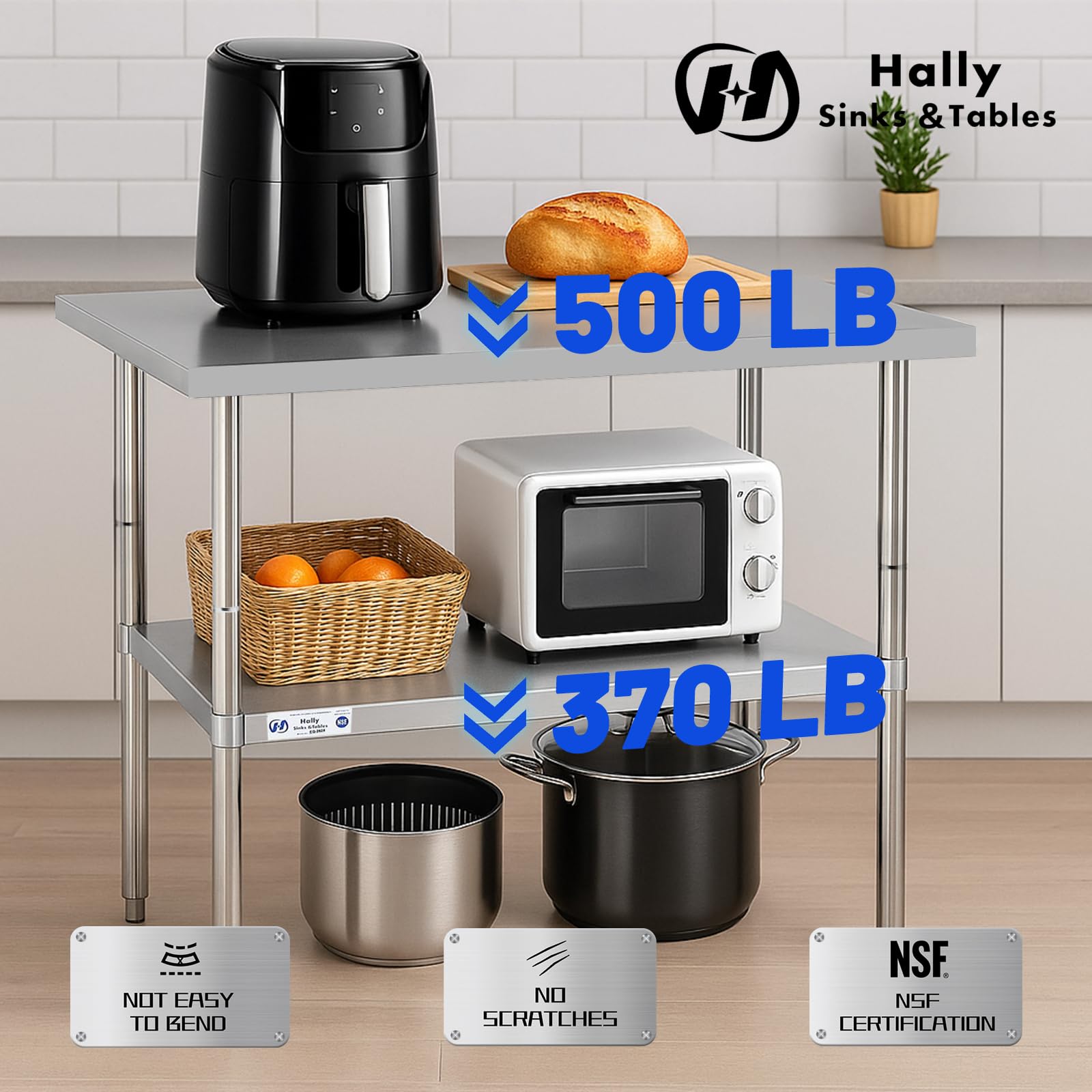 Hally - Mesa de acero inoxidable para preparación y trabajo, 24 x 24 pulgadas, mesa comercial NSF resistente con estante inferior y protector contra salpicaduras para restaurante, hogar y hotel