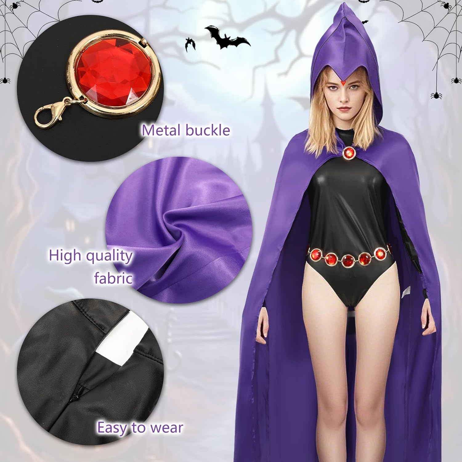 Raven Costume Women Purple Hooded Cloak Jumpsuit with Jeweled Belt Halloween Costume Cosplay Anime Outfit Props