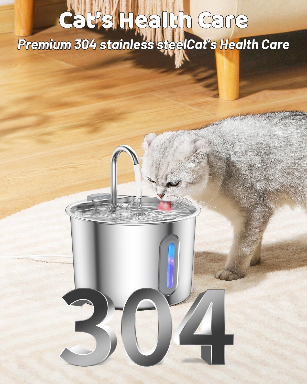 Fuente para Gatos Acero INOX: 2.2L Bebedero Gato con Ventana de Nivel de Agua, Bebedero Perros Acero Inoxidable, Dispensador Agua Perro Silencioso (Fuente Gatos-2.2L+6 Filtros+3 Esponjas)