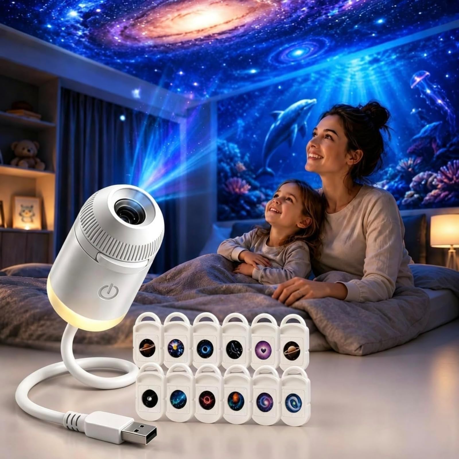 2-in-1 Galaxy Projector Night Light, Multifunctional Portable Starry Sky Night Light Projector with HD Films,360° Rotating USB Powered LED for Car and Bedroom Decoration (Con 12 Pellicole)