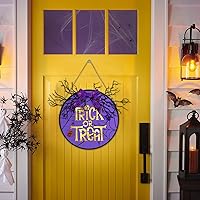 Vista 7 de Wironlst Decoración de puerta de Halloween, letrero iluminado de Halloween con corona de araña, araña, murciélago, ramas de árbol muerto, lazo