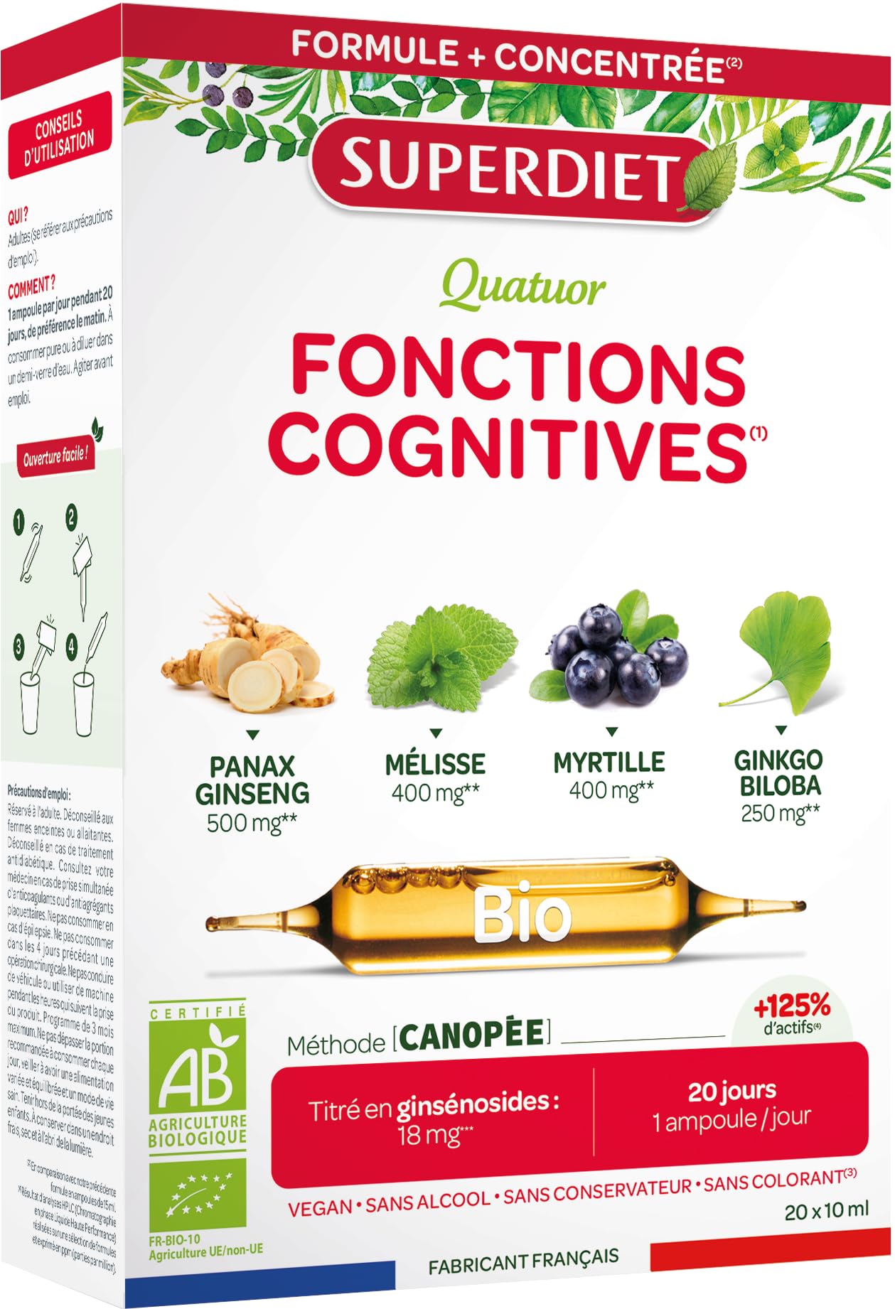 Ginseng, Mélisse, Myrtille, Gingko biloba - Fonctions cognitives - Ampoules
