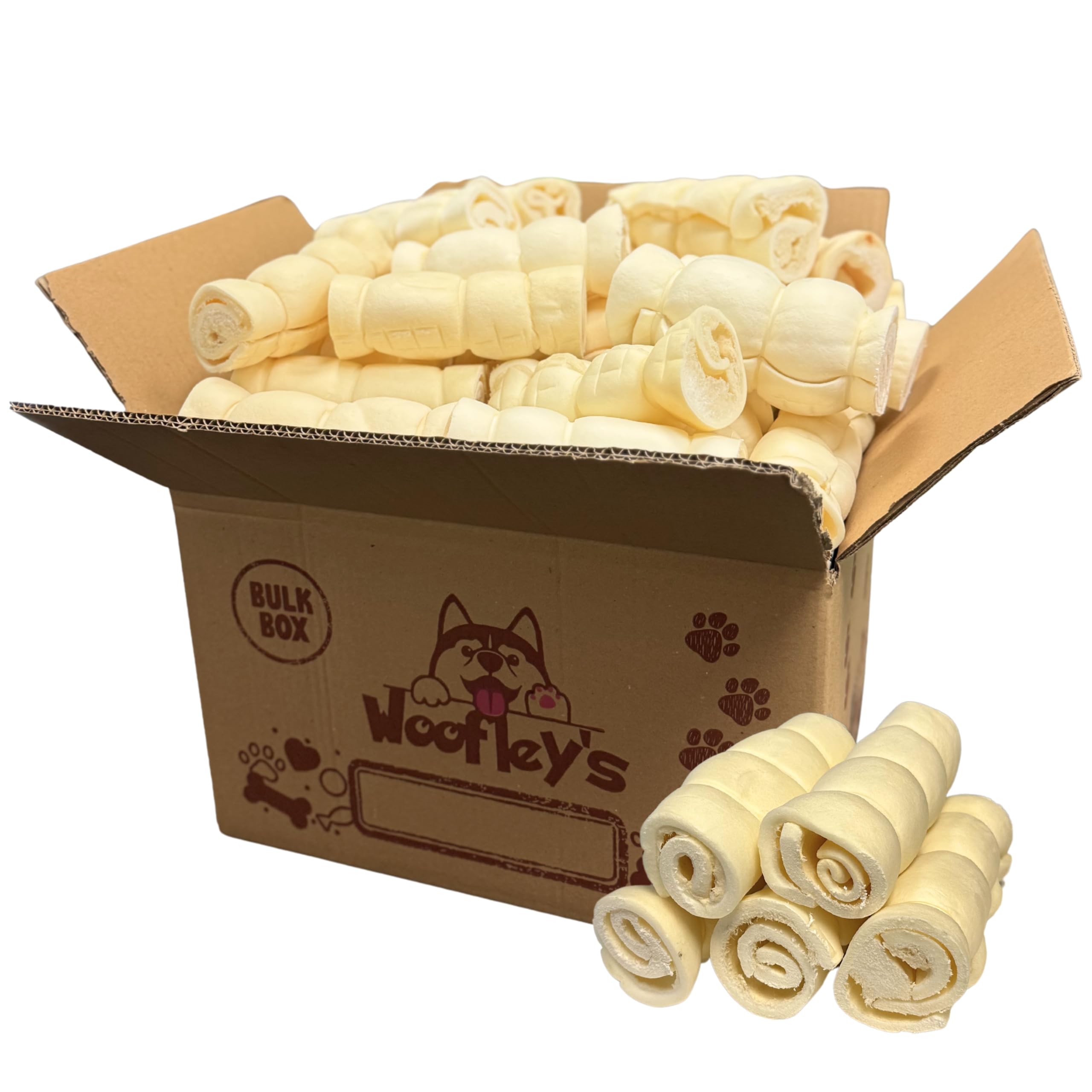 Woofley's 5-6" Buffalo Beef Cheek Roll -(100 Count)- Beef Cheek Rolls for Dogs - Long Lasting Natural Dog Chews